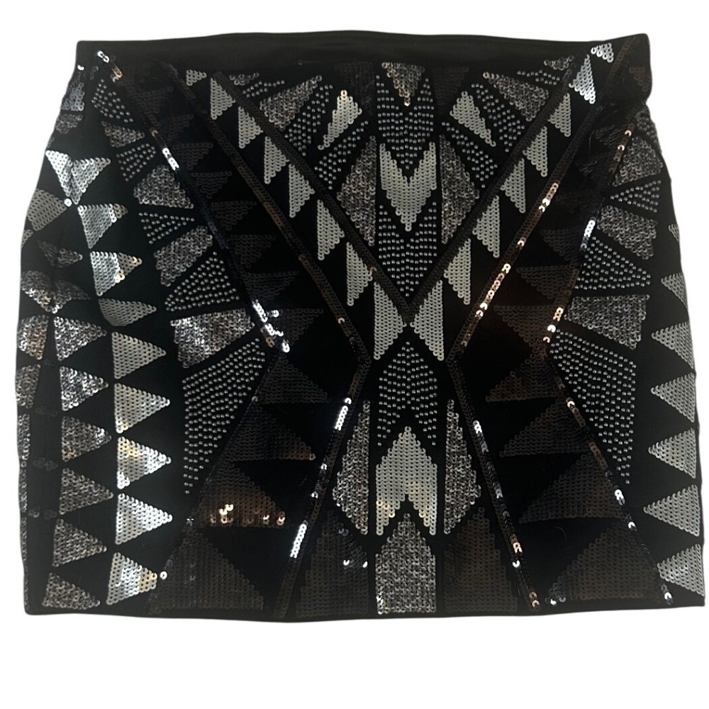 Express Womens‎ XS Mini Skirt Black Silver Sequin Geometric Art Deco Party New